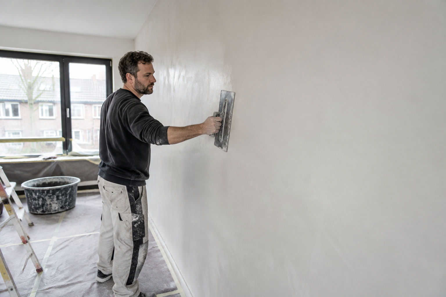 Voorbeeld van een stukadoor die een binnenwand glad afwerkt